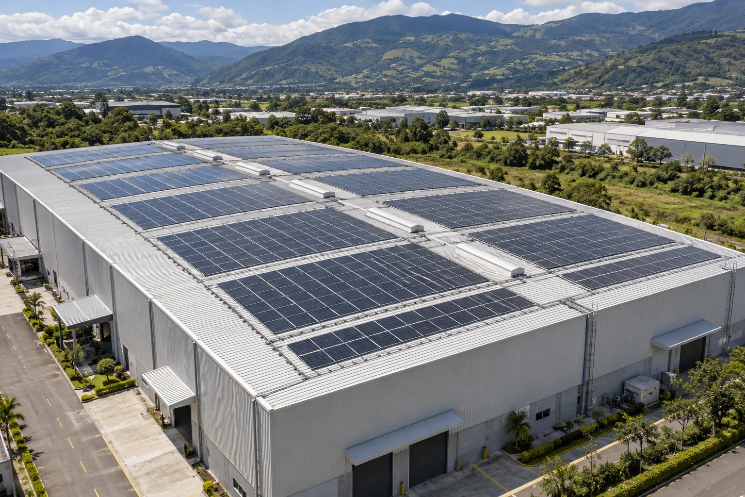 Instalación de paneles solares sobre el techo de una industria